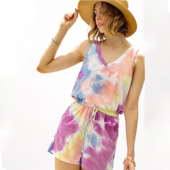 My Story Women's Purple Pink Tie Dye Summer V-Neck Drawstring Romper - Picture 3 of 7